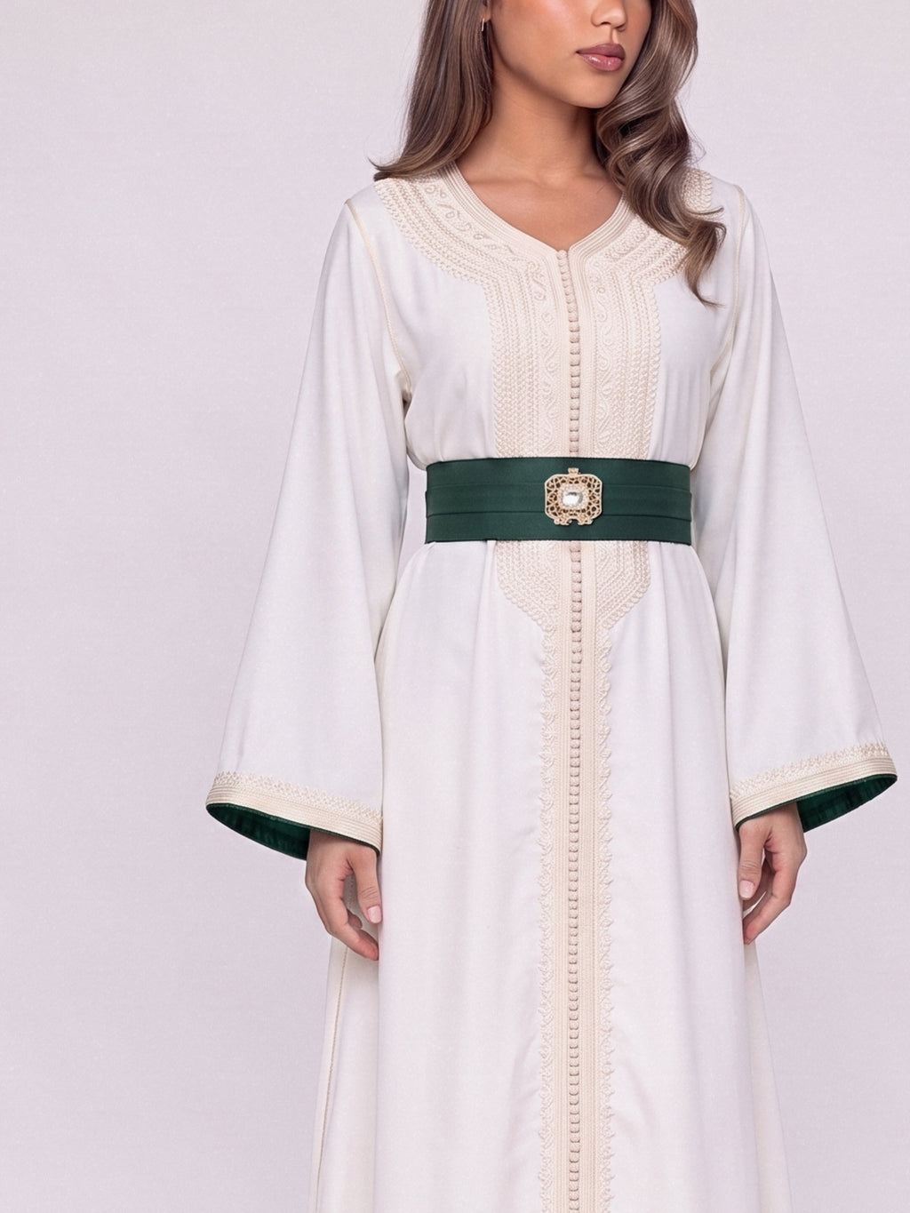 Caftan Nawara - Creamy Ivory & Vert Roi