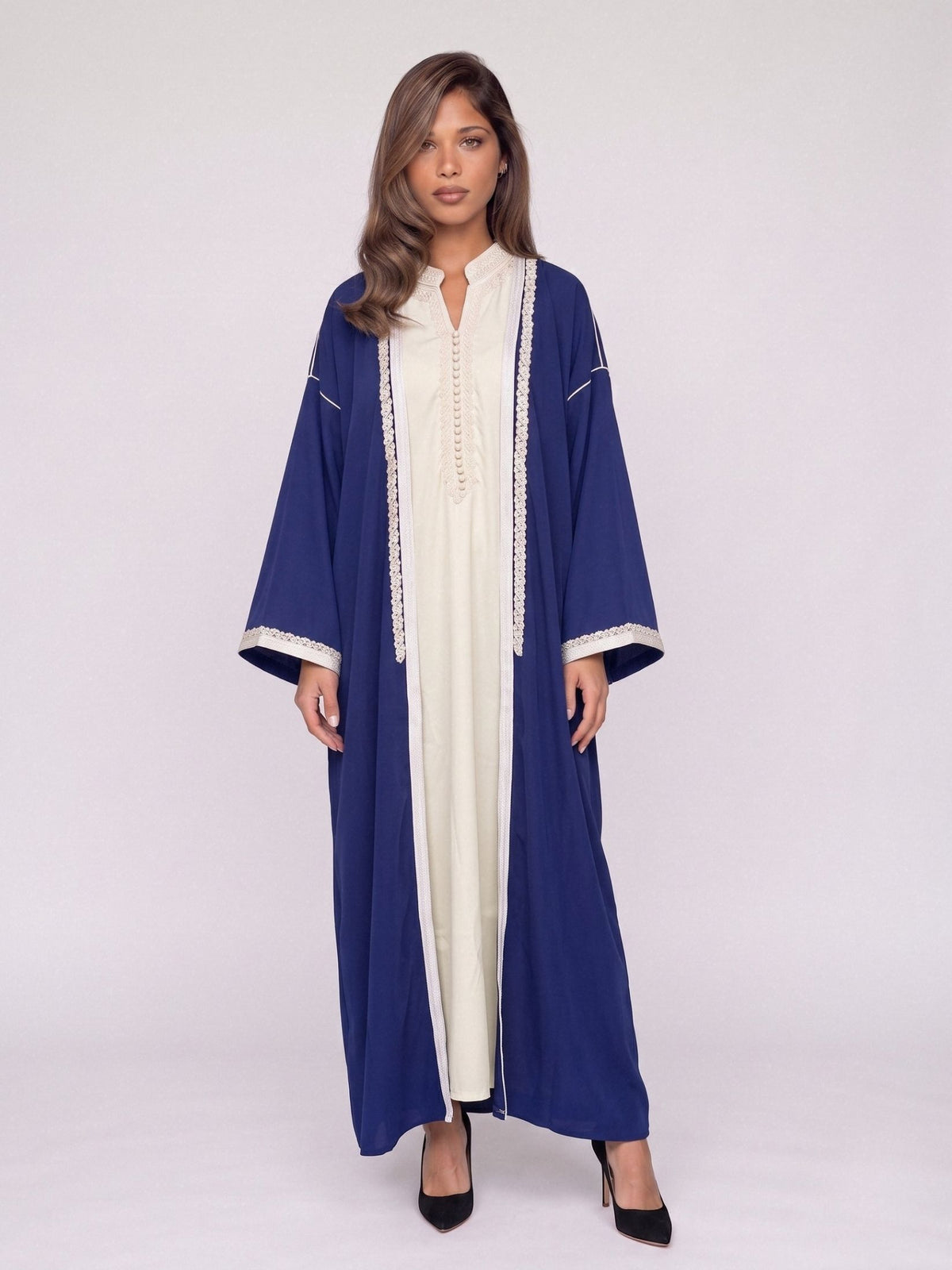 Kimono deux pièces Col Officier - Navy Blue & Ivoire