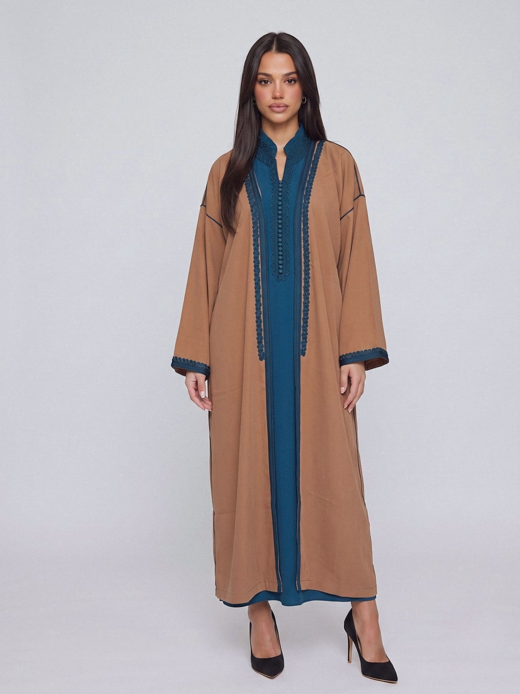 Kimono deux pièces Col Officier - Caramel & Bleu Canard