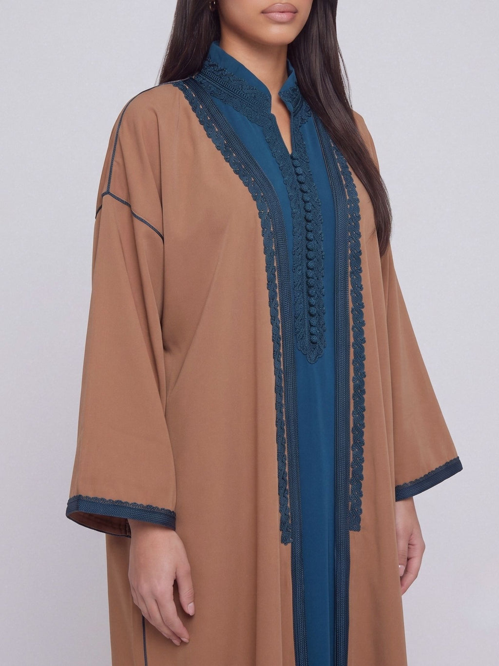 Kimono deux pièces Col Officier - Caramel & Bleu Canard