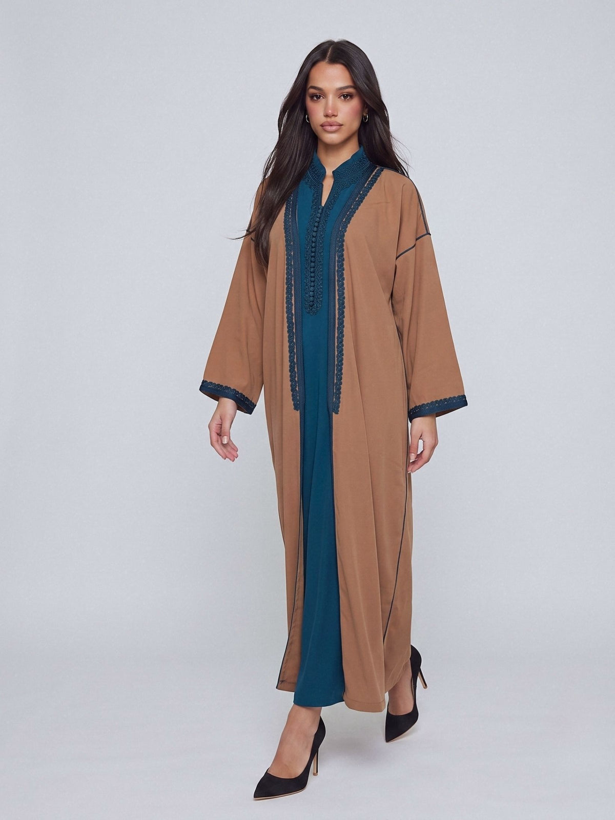Kimono deux pièces Col Officier - Caramel & Bleu Canard